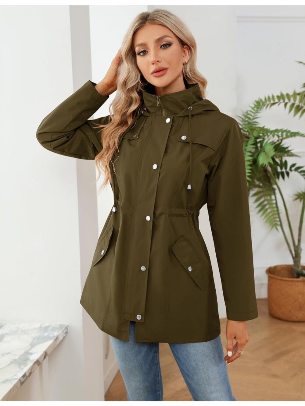 Women's Army Green Waterproof Outdoor Hiking Raincoat Lightweight Hooded Jackets - Picture 2 of 6